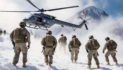 A group of soldiers stationed at the top of a snowy mountain, standing in formation amidst the freezing cold, as a military helicopter approaches to pick them up.