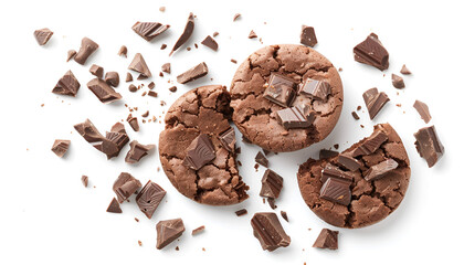 chocolate cookies broken isolated on white background with full depth of field. Top view. Flat lay