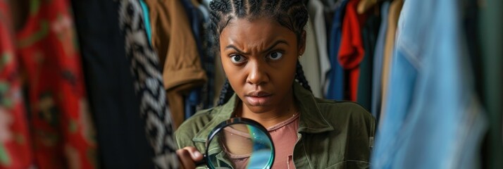 African American woman with braided hair examining clothes with magnifying glass expressing skepticism and concern