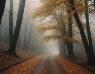 Naklejka premium La nebbia avvolge gli alberi, mentre la luce del sole svela lentamente il paesaggio autunnale nascosto