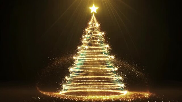Golden Christmas tree glowing spinning on dark background. 3D particles animation. Christmas celebration concept. Sparkling tree shape