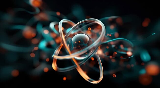Stylized depiction of an atom with a central nucleus and orbiting particles, featuring glowing lines and dynamic energy visuals.