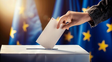 Obraz premium Hand Casting Ballot in Front of European Union Flag, Election, Democracy, European Union, Voting