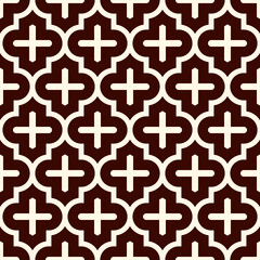 Seamless surface design with ogee ornament. Oriental traditional pattern with repeated mosaic tile. Tracery window wallpaper. Moroccan crosses motif. Arabesque digital paper, textile print. Vector art