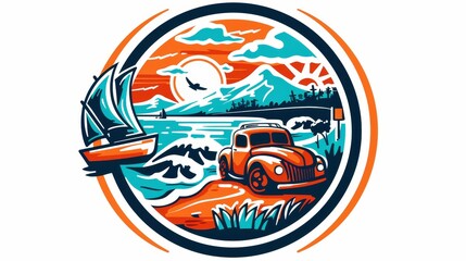 Fototapeta premium Sunset Overlook Vintage Car, Sailboat, and Mountains in an Oval Frame, sunset, vintage, car, sailboat