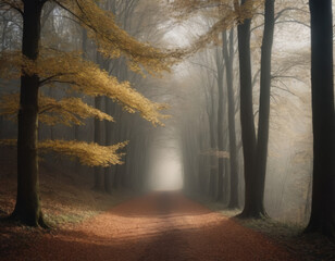 Tante foglie rosse e marroni in terra delimitano un bellissimo sentiero nel bosco