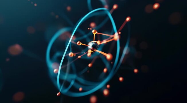 Stylized representation of an atom with a central nucleus and orbiting electrons on a dark background.