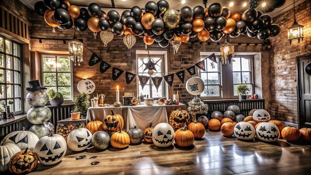 Halloween party decorations with pumpkins, balloons, and a table