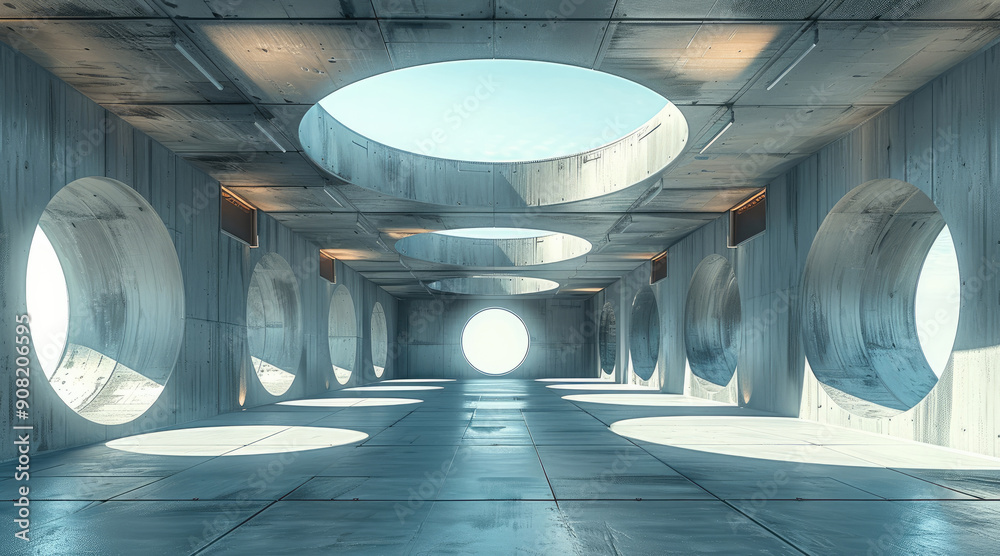 Aufkleber a large open space with concrete walls and skylights, a few round windows on the ceiling, and a flat
