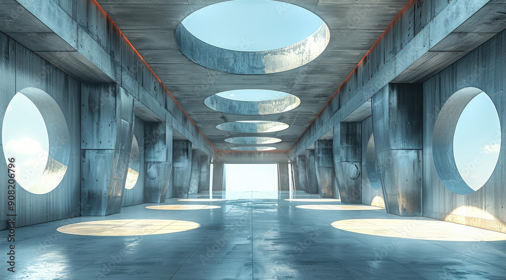 Aufkleber a large open space with concrete walls and skylights, a few round windows on the ceiling, and a flat