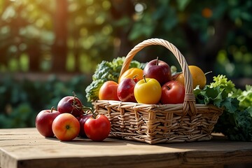 Vibrant Harvest: Fresh Vegetables and Fruits in a Sunlit Basket