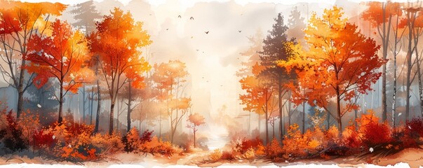 Abstract autumn forest with golden light in watercolor.