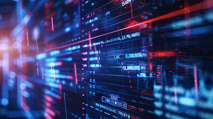 Photorealistic digital news screen with scrolling political headlines and statistics in blue and red color scheme, high-tech and dynamic blue and red backdrop