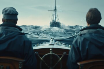 Men in dark attire navigate a wooden boat on deep blue waters. A large sailing ship moves swiftly under a stormy sky in the background, creating a scene of maritime adventure