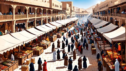 Obraz premium Bustling Middle Eastern Marketplace: Tents, Merchants, Culture
