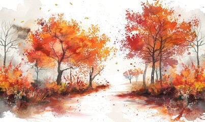 Fototapeta premium Watercolor abstract autumn path on white.