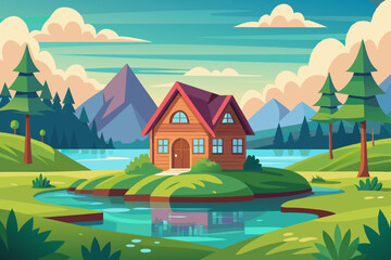 House in side of lake in green meadow art vector