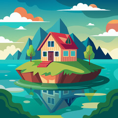 House in side of lake in green meadow art vector