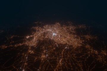 Aerial view on Nicosia (Cyprus) from west. Top view on modern city at night from satellite