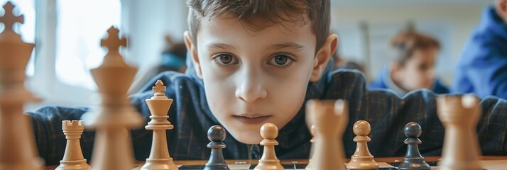 Children participating in chess tournaments at school A boy strategizes the complexities of the game Every move is crucial demanding consideration of potential outcomes tactics and oppositi