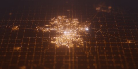 Street lights map of Champaign (Illinois, USA) with tilt-shift effect, view from east. Imitation of macro shot with blurred background. 3d render, selective focus