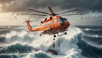 A rescue helicopter hovering above a choppy ocean, with high waves crashing around a lifeboat as crew members are lowered to help stranded survivors.
