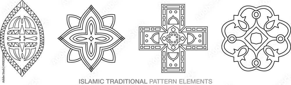 Wall mural Islamic Asian traditional pattern elements decorative motif outline illustrations black and white