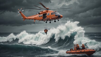 A rescue helicopter hovering above a choppy ocean, with high waves crashing around a lifeboat as crew members are lowered to help stranded survivors.
