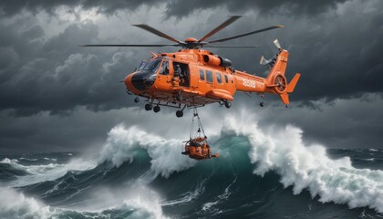 A rescue helicopter hovering above a choppy ocean, with high waves crashing around a lifeboat as crew members are lowered to help stranded survivors.
