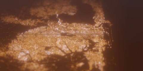 Street lights map of Lagos (Nigeria) with tilt-shift effect, view from west. Imitation of macro shot with blurred background. 3d render, selective focus