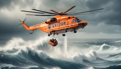 A rescue helicopter hovering above a choppy ocean, with high waves crashing around a lifeboat as crew members are lowered to help stranded survivors.
