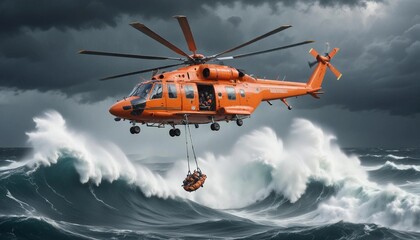 A rescue helicopter hovering above a choppy ocean, with high waves crashing around a lifeboat as crew members are lowered to help stranded survivors.
