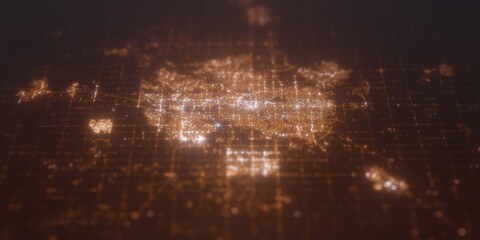 Street lights map of Edmonton (Canada) with tilt-shift effect, view from east. Imitation of macro shot with blurred background. 3d render, selective focus