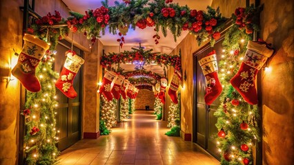 Fototapeta premium Festive Christmas Corridor with Stocking Decor and Garlands