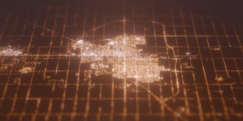 Street lights map of Regina (Canada) with tilt-shift effect, view from north. Imitation of macro shot with blurred background. 3d render, selective focus