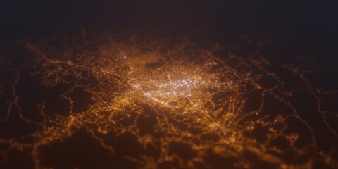 Street lights map of Tirana (Albania) with tilt-shift effect, view from south. Imitation of macro shot with blurred background. 3d render, selective focus