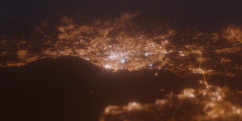 Street lights map of Edinburgh (UK) with tilt-shift effect, view from north. Imitation of macro shot with blurred background. 3d render, selective focus