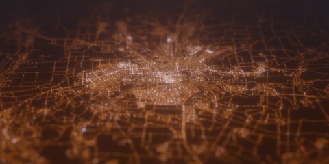 Street lights map of Lugansk (Ukraine) with tilt-shift effect, view from north. Imitation of macro shot with blurred background. 3d render, selective focus