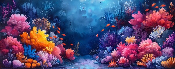 Fototapeta premium Watercolor abstract coral reef with diverse marine life.