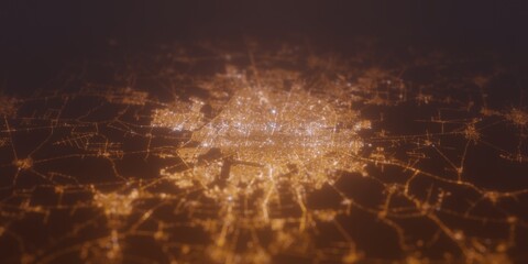 Street lights map of Merida (Mexico) with tilt-shift effect, view from south. Imitation of macro shot with blurred background. 3d render, selective focus