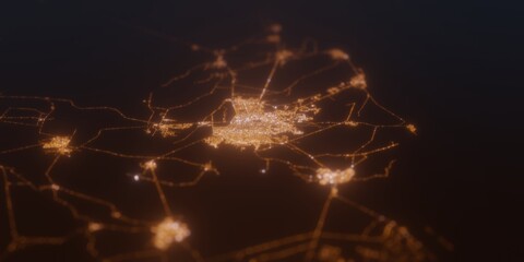 Street lights map of Chiclayo (Peru) with tilt-shift effect, view from north. Imitation of macro shot with blurred background. 3d render, selective focus