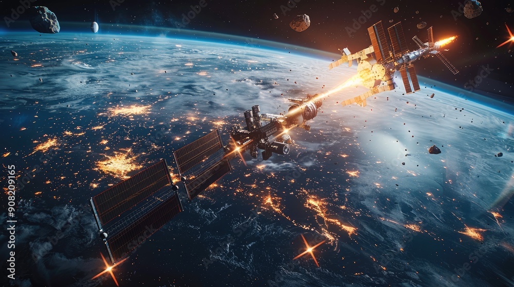 Poster international space station disintegrating in earth atmosphere. generative ai.
