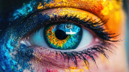 Closeup of a blue eye with colorful makeup
