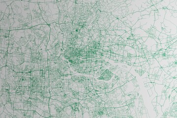Obraz premium Map of the streets of Guangzhou (China) made with green lines on white paper. 3d render, illustration