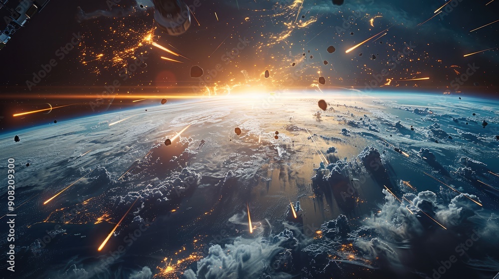 Poster International space station disintegrating in Earth atmosphere. Generative AI.