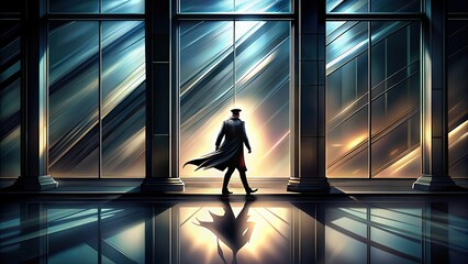 Fototapeta premium A lone figure stands before a large window in a modern building.
