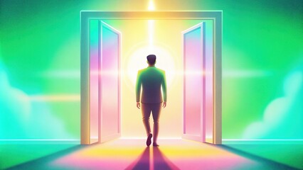 A man walking towards a bright light through an open door