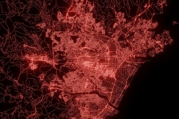 Street map of Sendai (Japan) made with red illumination and glow effect. Top view on roads network. 3d render, illustration