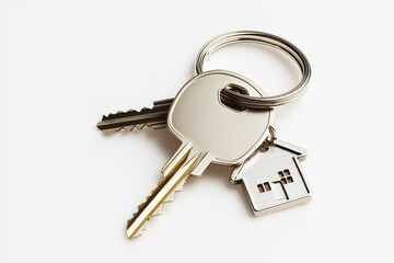 A closeup of pair of silver keys on a keyring along with with a house-shaped keychain against a transparent background