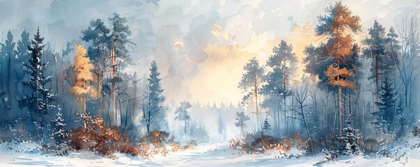 Fototapeta premium Abstract snowy woods in watercolor on white.